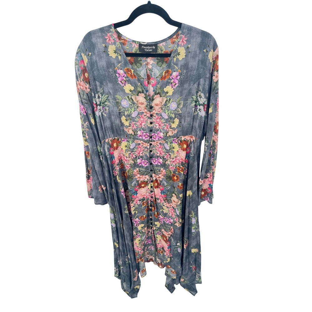 Feathers by Tolani Maxi Dress Floral Grey Size L Button Front Handkerchief Hem